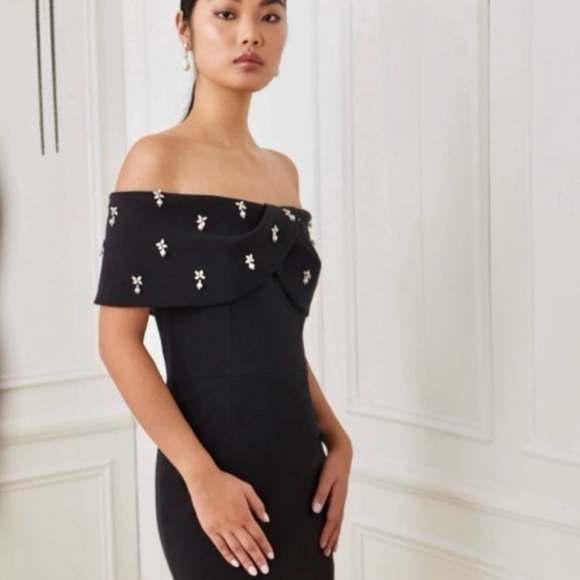 Rickie Freeman For Teri Jon Off-Shoulder Jewel-Embellished Crepe Midi Dress NEW - Picture 9 of 15